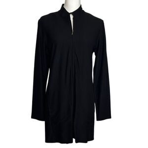Eileen Fisher Black Stretch Crepe Knit Two Way Zipper Longline Jacket XS